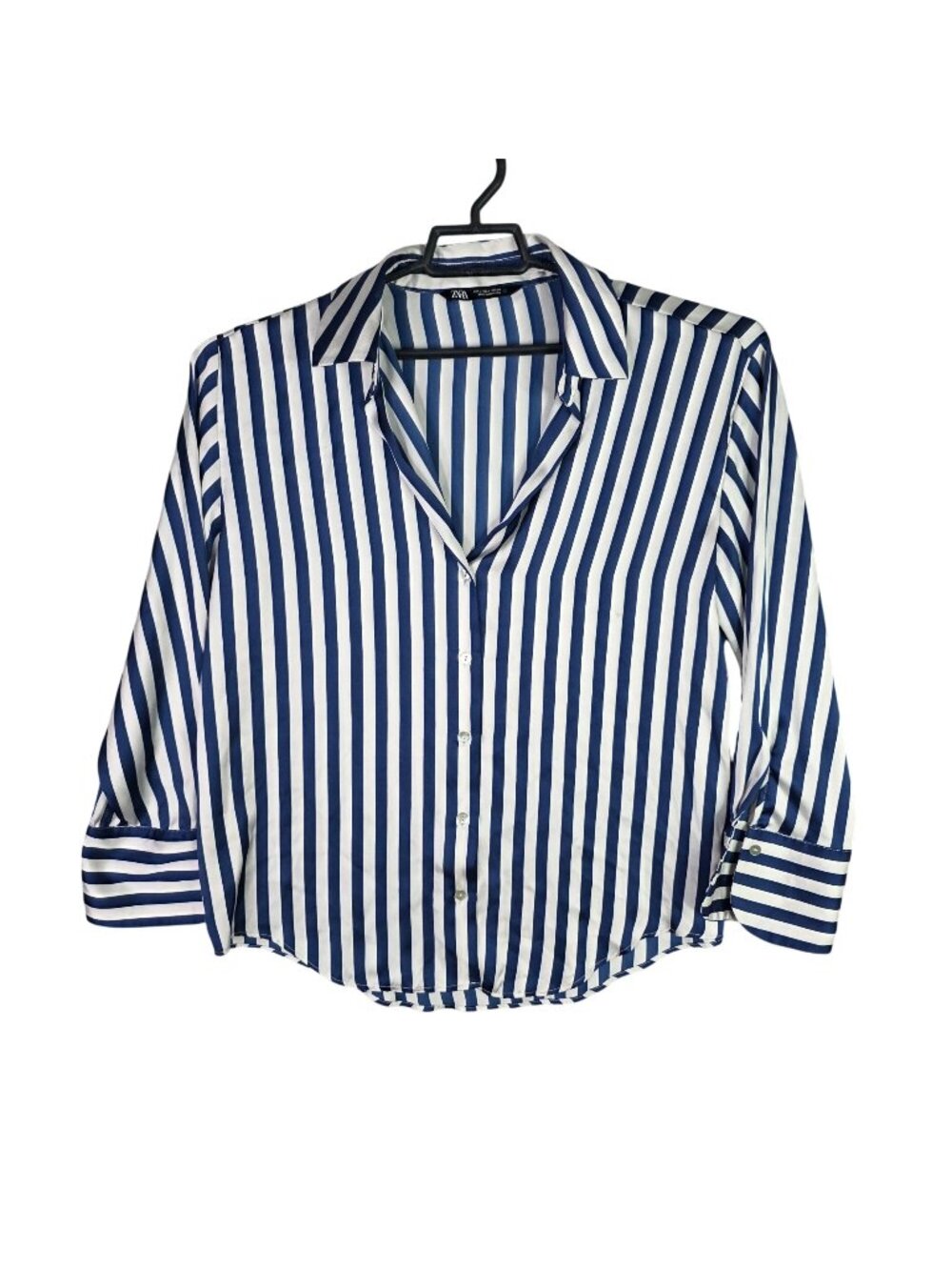 Womens Zara Blue & White Striped Button Up Collared Shirt Long Sleeves Size L
